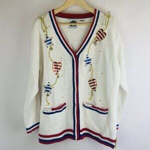 STORYBOOK KNITS Cardigan Sweater Large USA Patriotic American Red White Blue